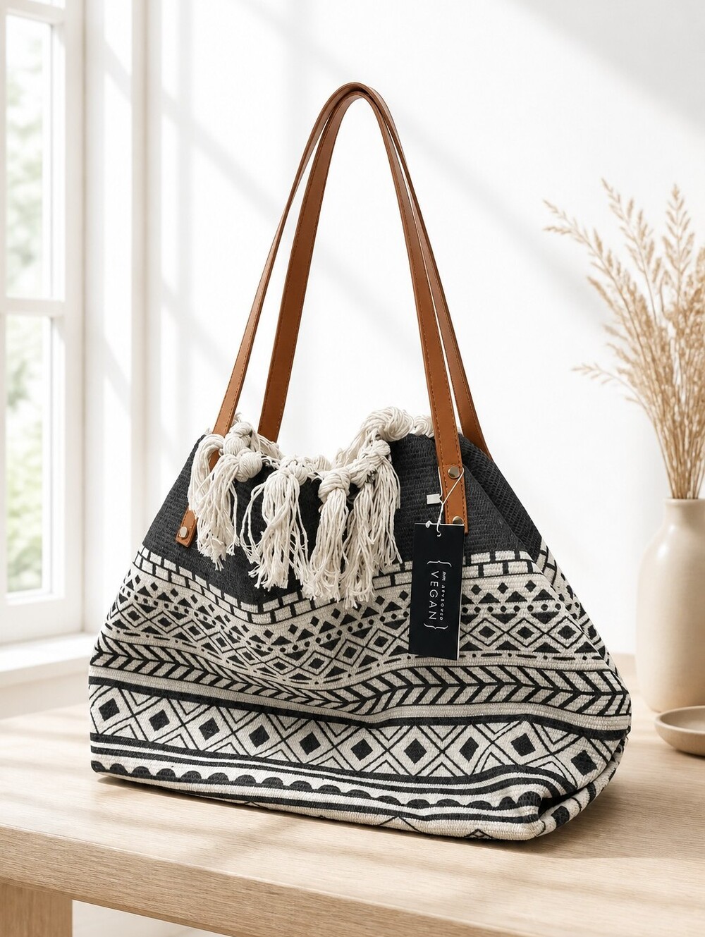 Le Miel |  Boho Aztec Print Fringe Trim Tote Bag w/Tassels New